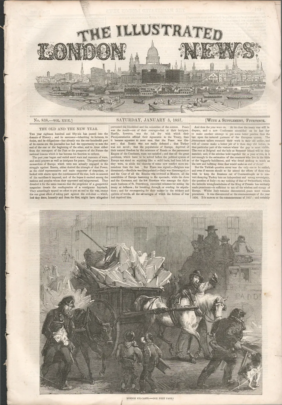 1857 Antique Newspaper  Victorian London Ice-Carts Through the Streets