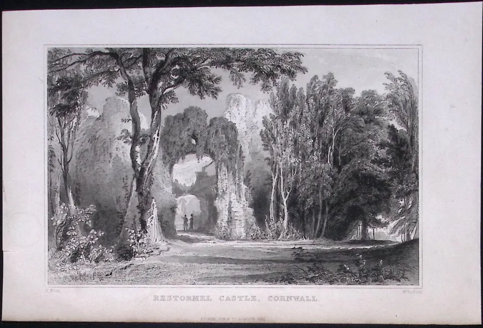 Cornwall Lostwithiel Restormel Castle Antique 193 Years-Old Steel-Engraving-36