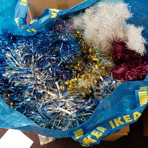 CHRISTMAS decorations and tinsel.  Large box with selection of items