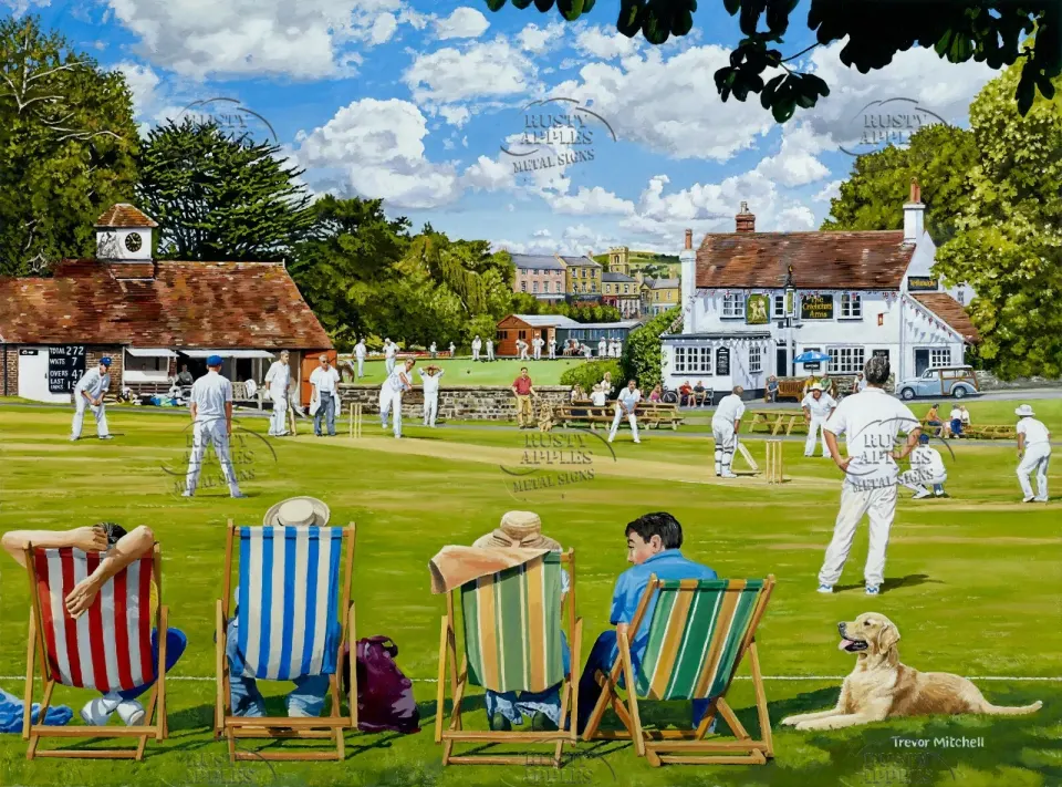 British Summer Rural Village Cricket Match The Locals In Action Metal Wall Art