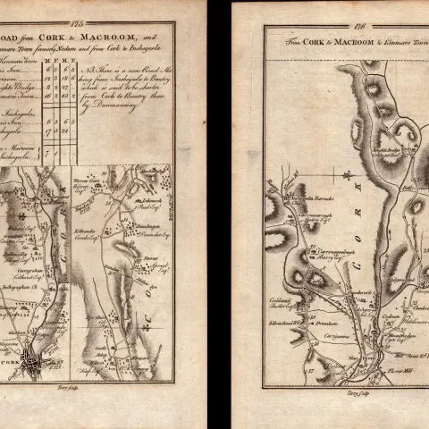 Ireland Rare Antique 1777 Road Map Cork to Macroom and Kenmare Town & Cork to Inchegeela