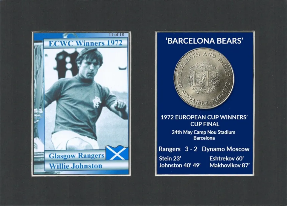 Willie Johnson Rangers FC 1972 ECWC Mounted Card & Coin Display.