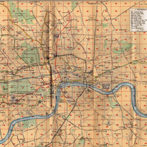 London Tube & Tramway Detailed Coloured Vintage 1924 Map.