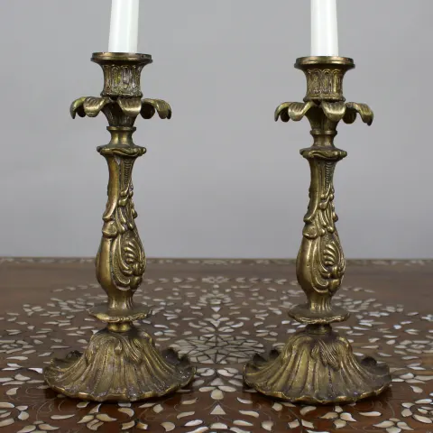 Pair of Antique Heavy Rococo Revival Brass Candlesticks c.1900