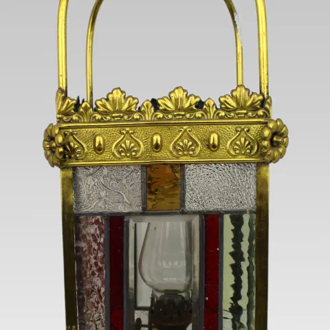 Victorian Arts & Crafts Stained Glass Oil Lamp Hall Lantern