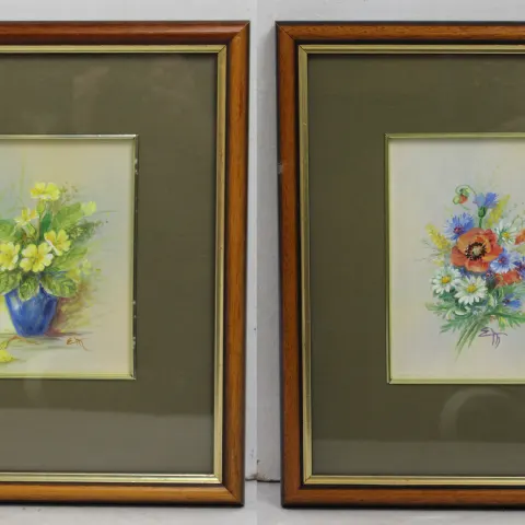 Pair of Water & Gouache Still Life Flowers Framed