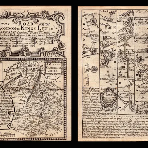 Bowen 290 Yrs Old Scarce Detailed Road Map The Road From London to Kings Lynn.