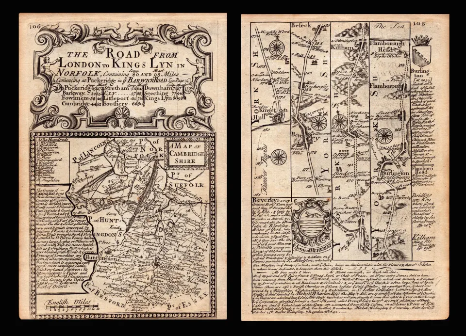 Bowen 290 Yrs Old Scarce Detailed Road Map The Road From London to Kings Lynn.