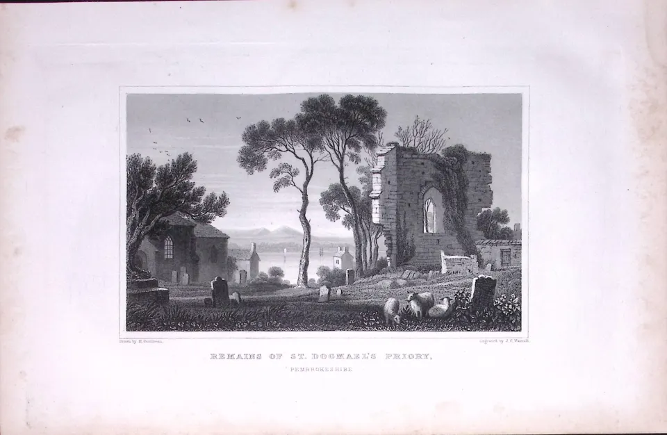 Wales St Dogmaels Priory Pembroke Antique 166-Year-Old  Steel Engraving-26