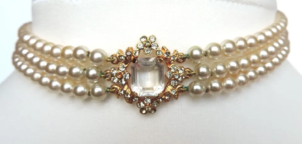 Triple Strand Pearl Choker Necklace 