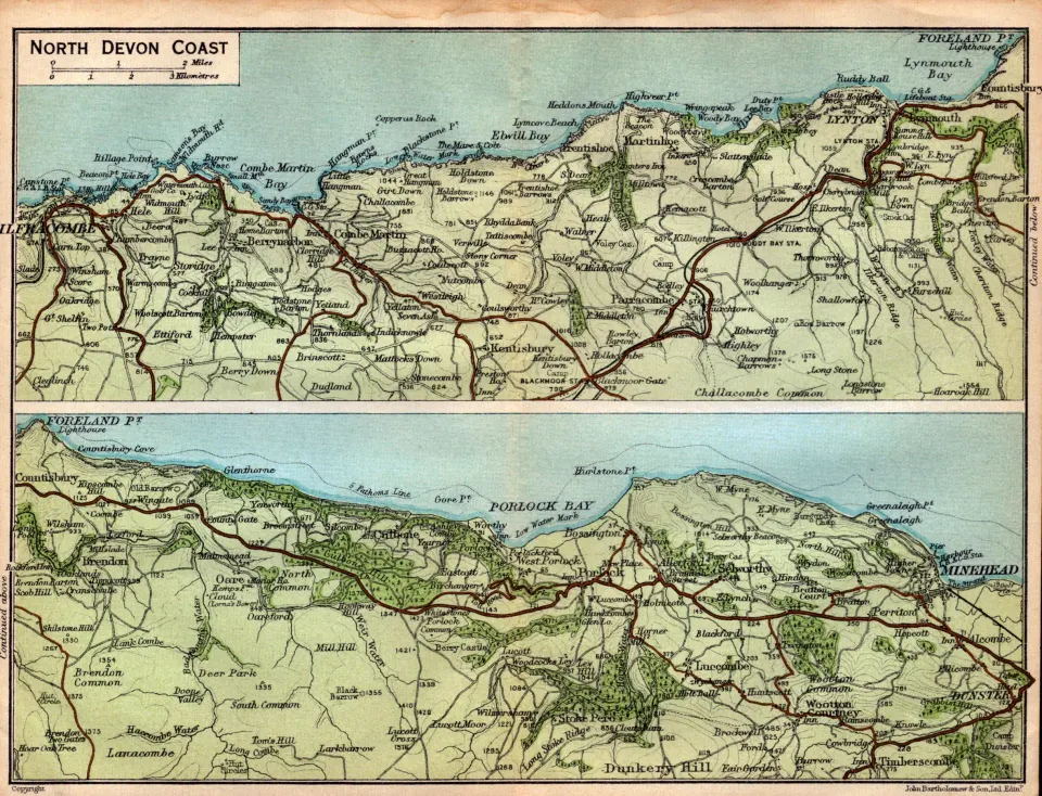 North Devon Coast Coloured Vintage 1924 Map.