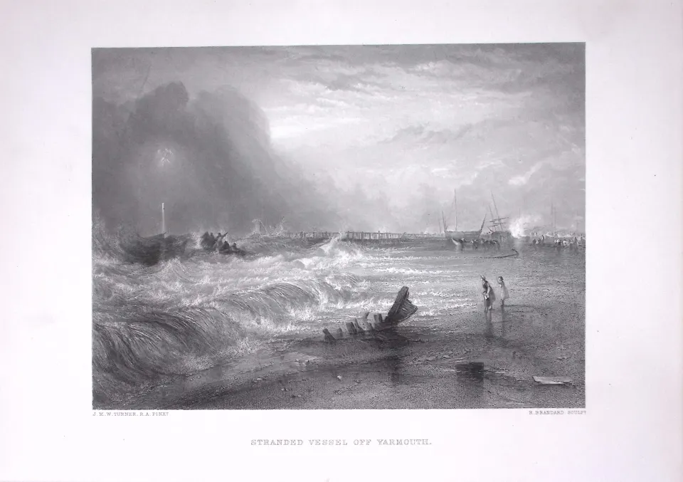J.M.W Turner Yarmouth Harbour Stranded Vessel Antique Steel Engraving-3-TR