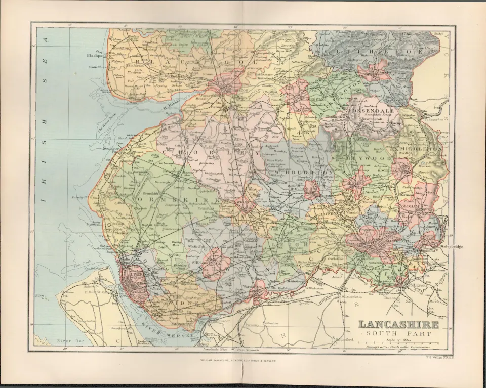 Blackpool St Annes Southport Liverpool Victorian 1894 Antique Map.