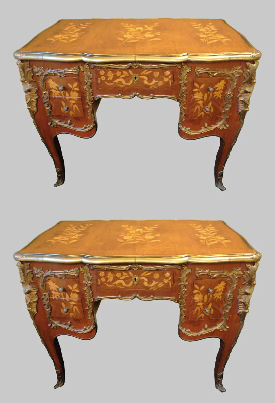 Pair of Louis XV Style Kingwood & Marquetry Brass Bound Desks