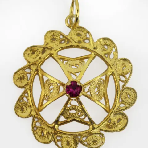 Maltese Filigree Silver Gilt Pendant with Pink Gemstone