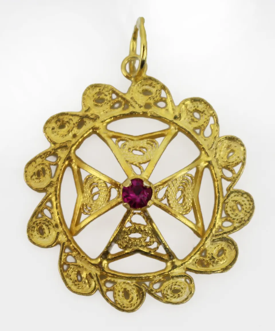 Maltese Filigree Silver Gilt Pendant with Pink Gemstone