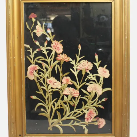 Floral Needlework Set in Gilt Frame