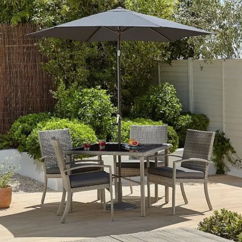 (1/P) RRP £379. Jakarta 6 Piece Rattan Patio Set. Lot Contains 4x Chairs With Cushions, 1x Table Wi