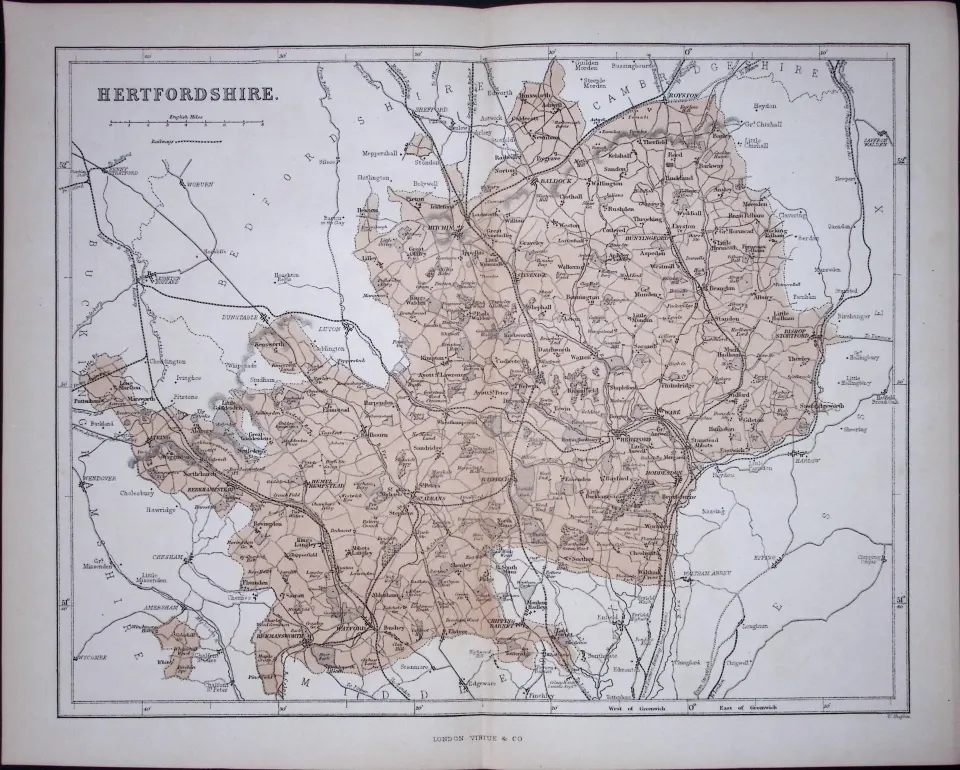 Hertfordshire 150 Years-Old 1875 Coloured Detailed Antique 1875 Map-53