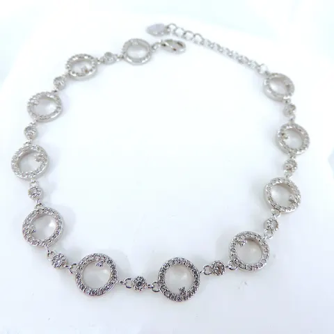 925 Silver White Zircon Gemstone Open Circles Bracelet 'New'