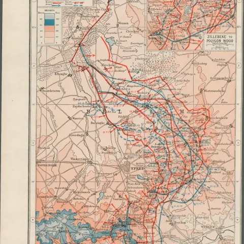 WW1 Western Front Ypres & Messines Coloured Antique Map 1922.