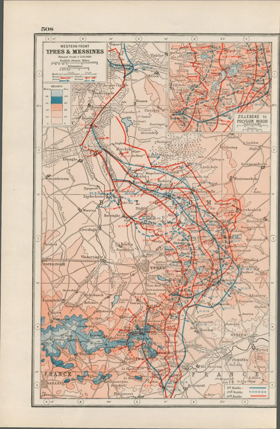WW1 Western Front Ypres & Messines Coloured Antique Map 1922.