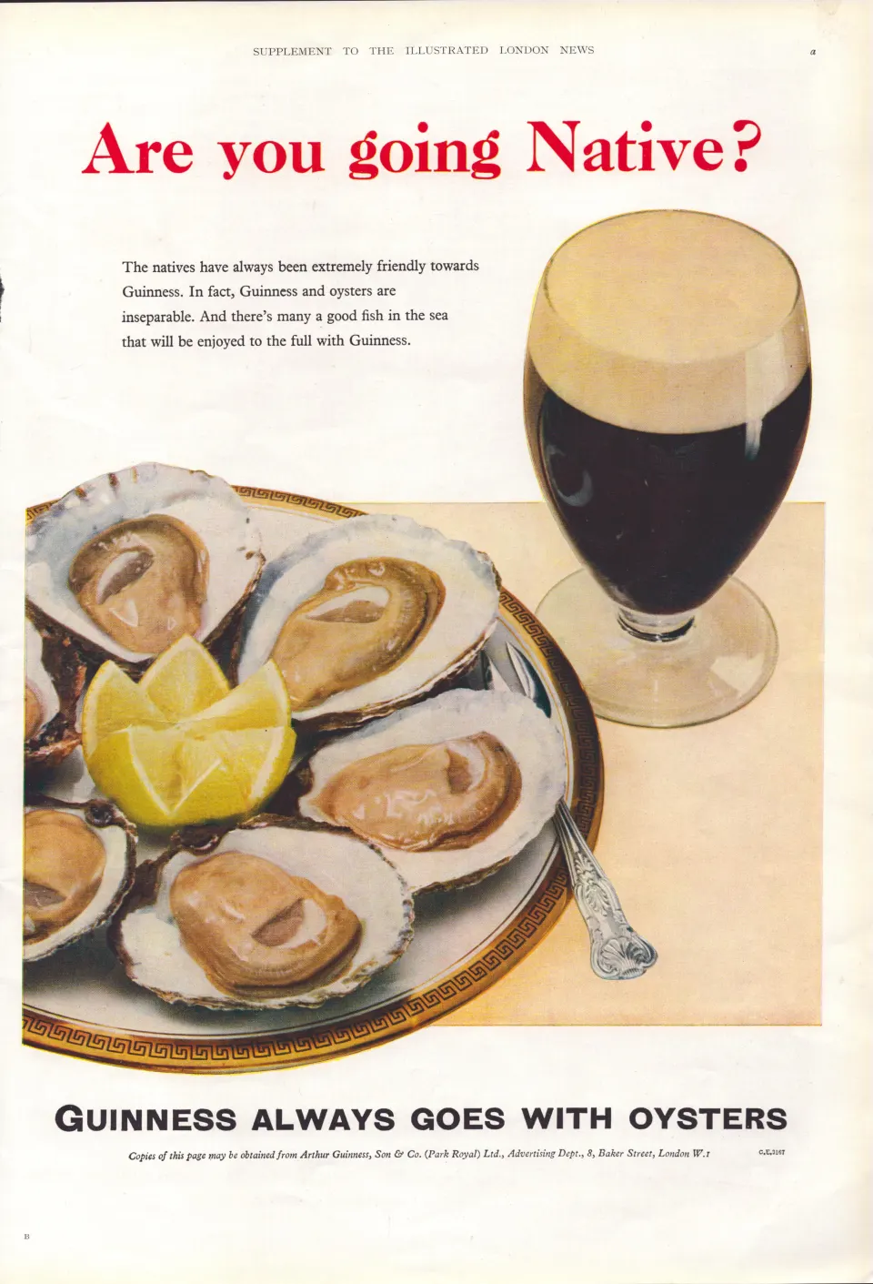 Original 65-Year-Old 1959 Guinness Print Plate of Oysters– GE 3167   #-6.