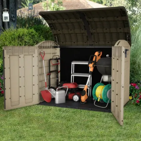 (11/Mez/P) RRP £395. Keter Store It Out Ultra Outdoor Garden Shed Black/Beige. 2000L Capacity. Eleg