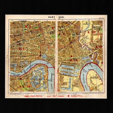 London Iconic District The East End Mounted Antique George V Map.