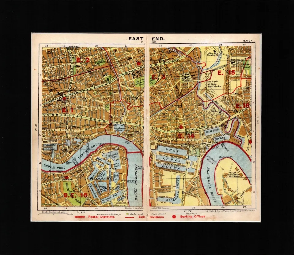 London Iconic District The East End Mounted Antique George V Map.