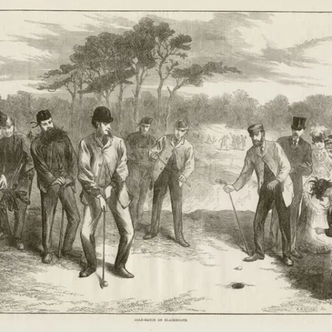 Golf Match on Blackheath by F Gilbert Original Wood Block Antique Engraving.
