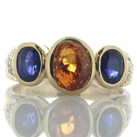 18ct Yellow Gold Three Stone Oval Cut GIA Orange Sapphire Center Ring (S2.31) 0.10 Carats