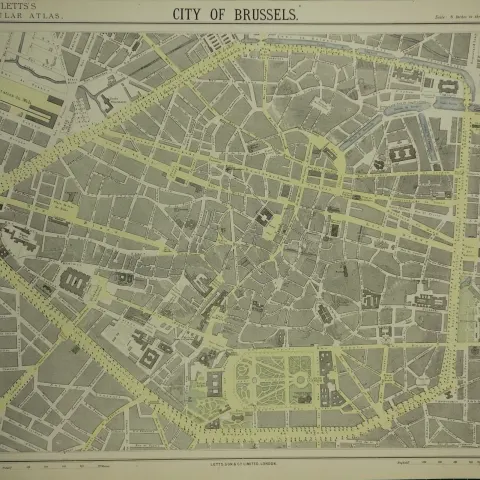 City of Brussels Belgium Victorian Letts 1882 Antique Coloured Map.