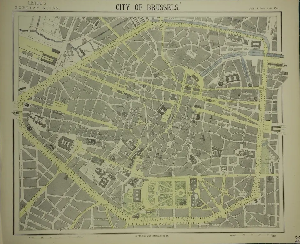 City of Brussels Belgium Victorian Letts 1882 Antique Coloured Map.