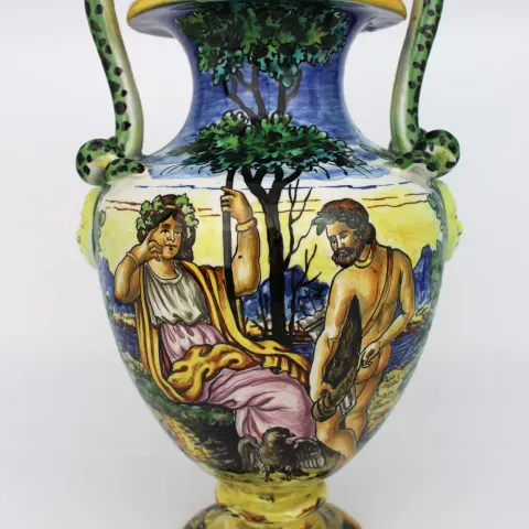 Fine Hand Painted Two Handled Majolica Vase