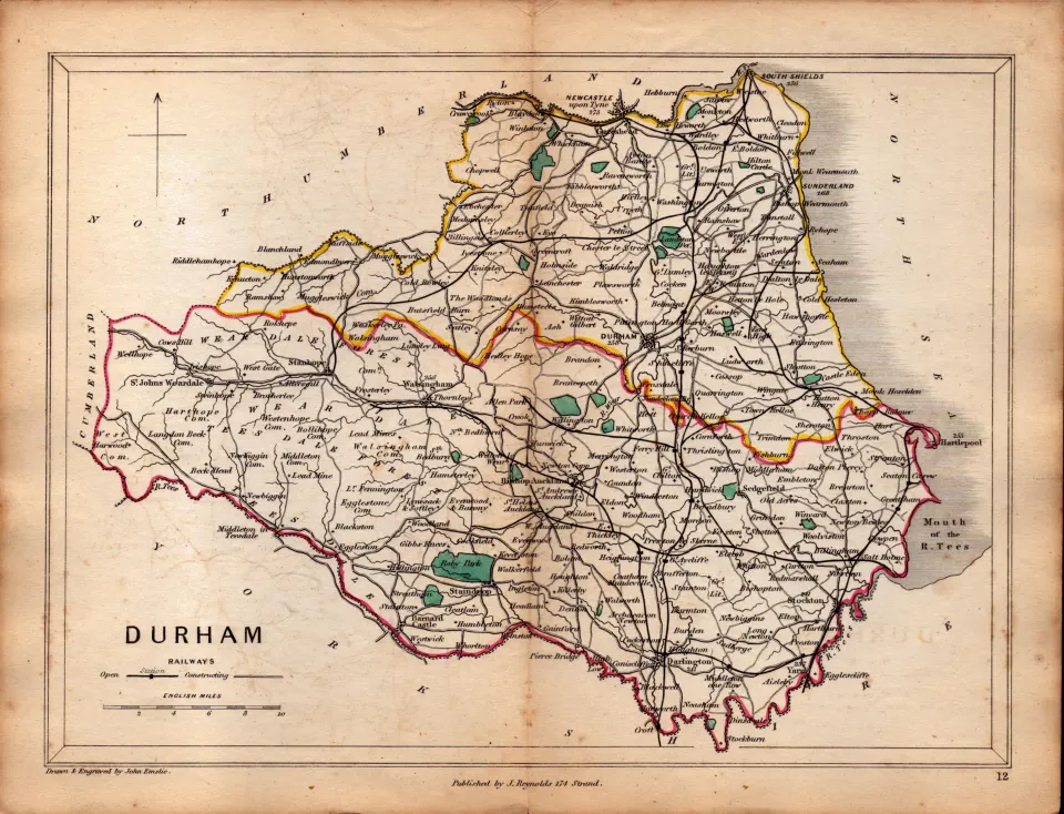 Antique Railway Map of Durham Drawn & Engraved by John Emslie.