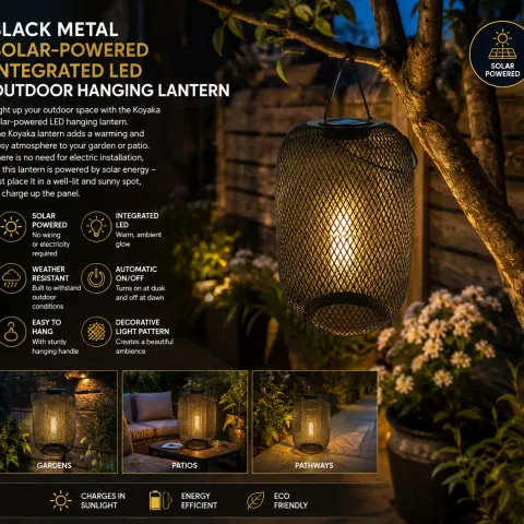 Black Metal Solar-Powered LED Outdoor Hanging Lantern – Weather-Resistant Garden & Patio Light