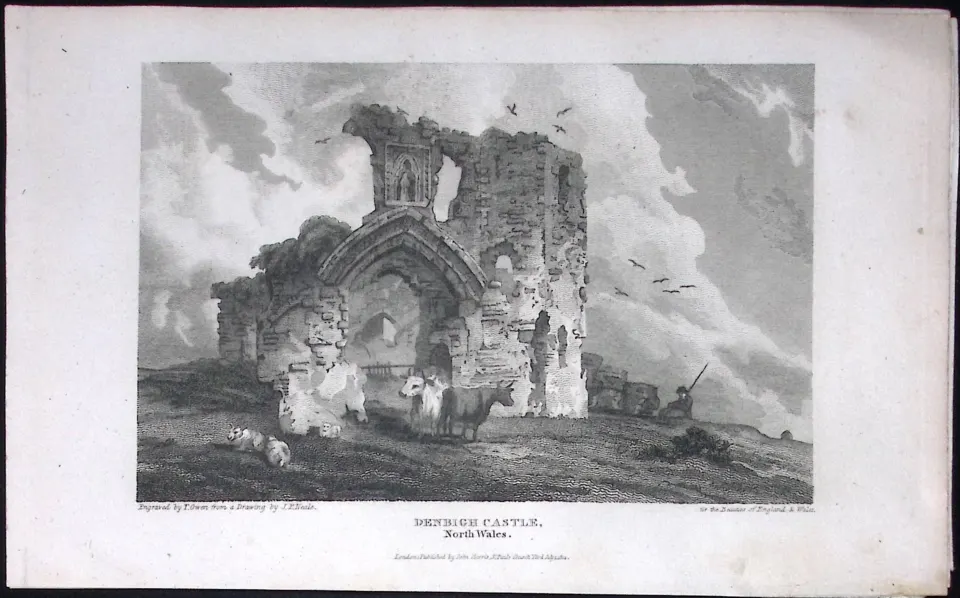Denbigh Castle Wales Antique 213 Years-Old Georgian Steel-Engraving-194.