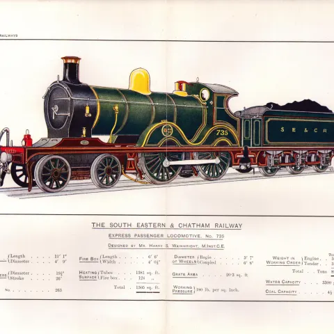 South Eastern & Chatham Railway Coloured Antique Book Plate.