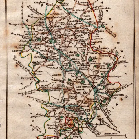 Staffordshire John Cary’s 1792 Antique George III Coloured Engraved Map.