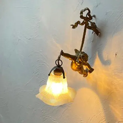 French Gilt Cherub Wall Light with Vaseline Glass Shade