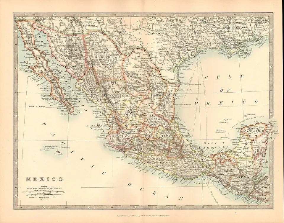 Mexico Texas Guatemala Honduras El Salvador Etc Large Antique Map.