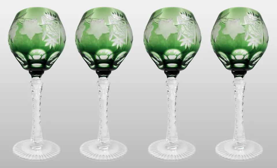 Set of 4 Vintage Green Overlay Crystal Wine Glasses