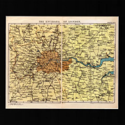 The Environs of London Detailed Coloured Mounted Antique Map.