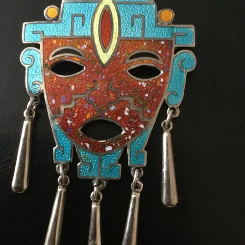 Vintage Castellan Mexican Enamel Sterling Silver Aztec Mayan Mask Brooch Pendant