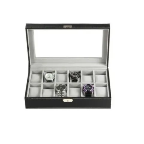 10 x Black Watch Box With Window Clip Shut Men Hold 12 Watches Christmas Gift 12L