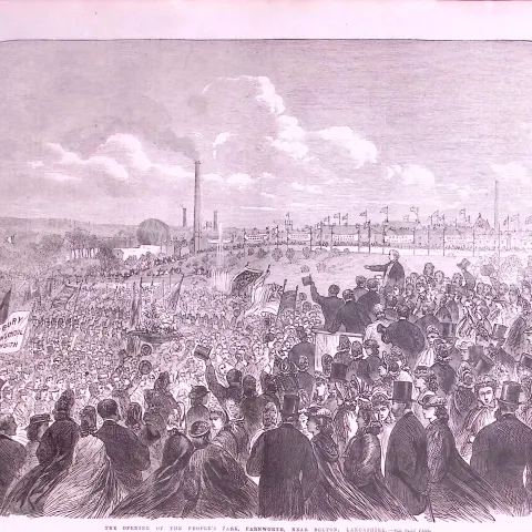 Peoples Park Farnworth Bolton Opened 1864 Large  Antique Woodcut Print.