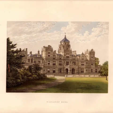 Westonbirt House Gloucestershire  Gilt-Edge Coloured Antique Book Plate.