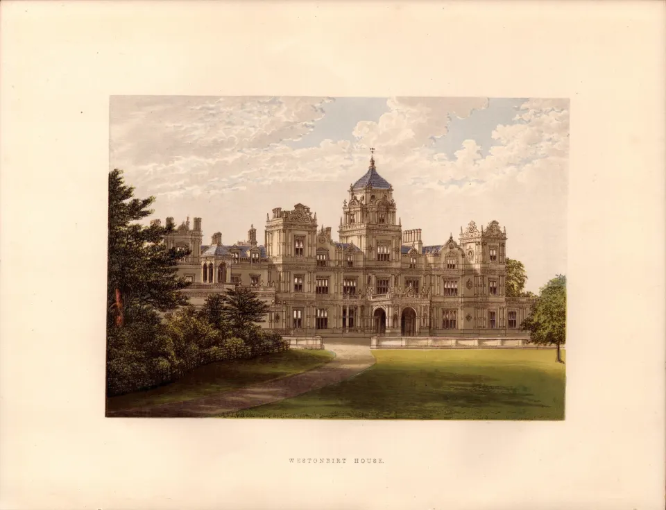 Westonbirt House Gloucestershire  Gilt-Edge Coloured Antique Book Plate.