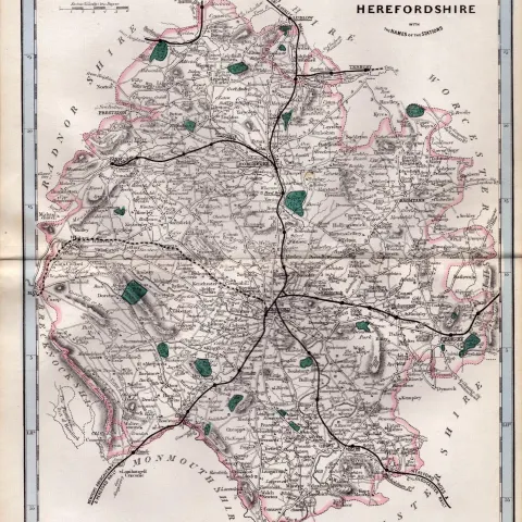 Herefordshire Cruchley Scarce Antique Railways & Stations Coloured Map.
